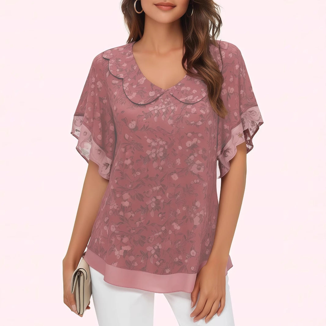 Peach Ultra-Thin Chiffon Short-Sleeve Shirt with Ruffled Details