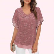 Peach Ultra-Thin Chiffon Short-Sleeve Shirt with Ruffled Details