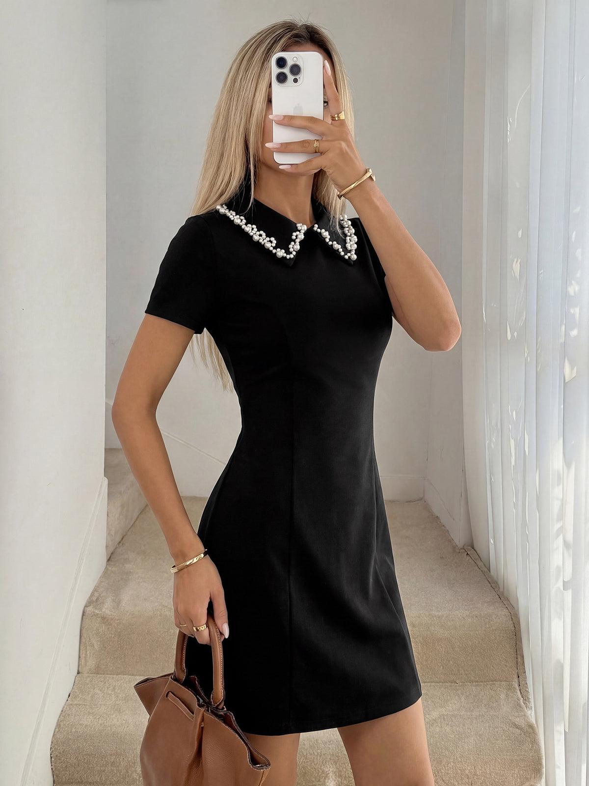 Pearl Collar Short Sleeve A-line Mini Dress