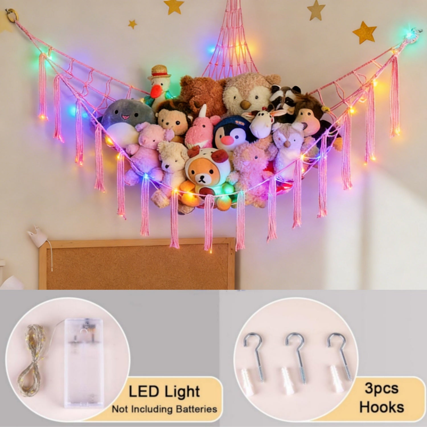 Plush Toy Storage Hammock with Built‑In LED Lighting – Decorative Indoor Organizer