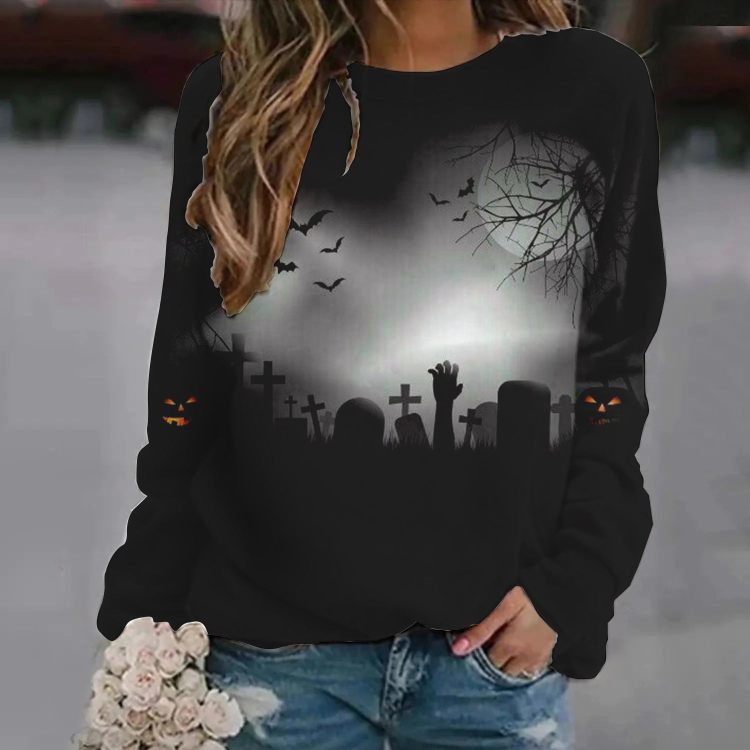 Women's Halloween Printed Raglan Sleeve Sweater