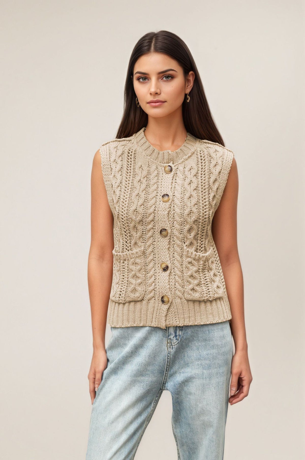 New Arrival Womens Crew-neck Pocketed Sleeveless Cardigan Knitted Vest