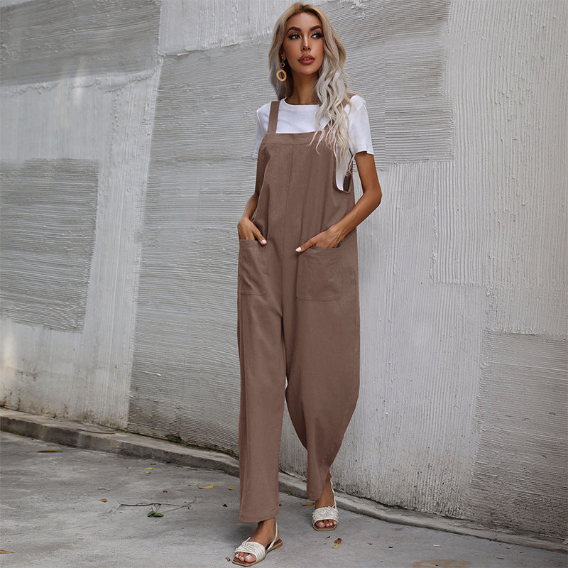 European And American Style Casual Simple Pocketed Sleeveless Suspender Jumpsuit