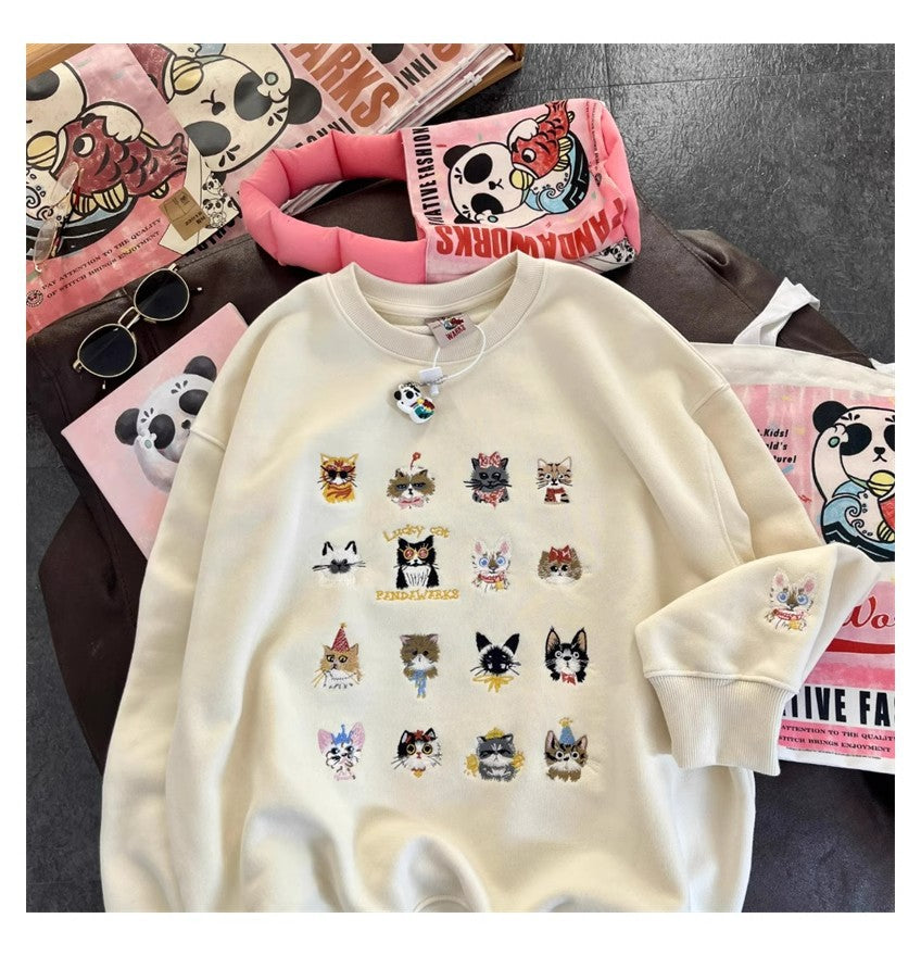 Cute Kitten Embroidered Loose Streetwear Sweater Coat