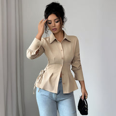 Womens Solid-Color Elegant Buttoned Waist-Cinched Shirt