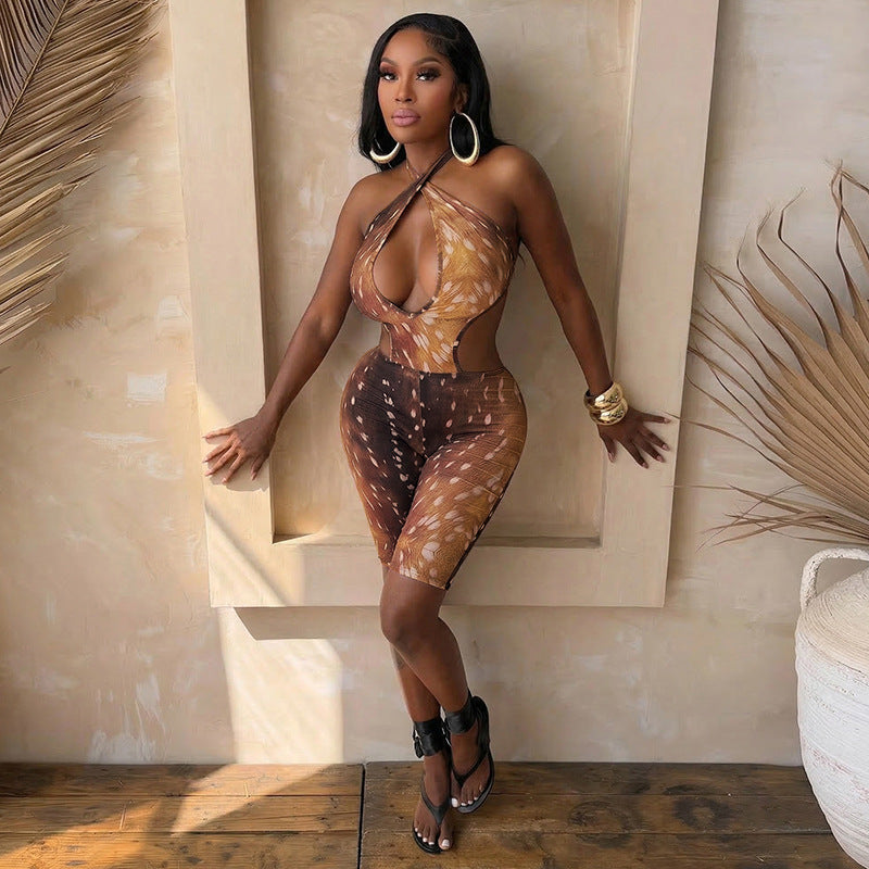 Trendy Printed Halter-Neck Backless Jumpsuit