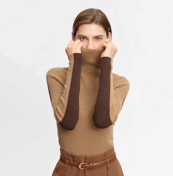 Color-blocked Turtleneck Wool Sweater for Women, Slim Fit, Two-way Knit Base Layer