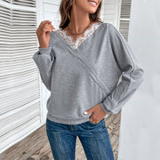 Light Gray Lace-Panel V-Neck Pullover Sweatshirt – Cozy & Stylish