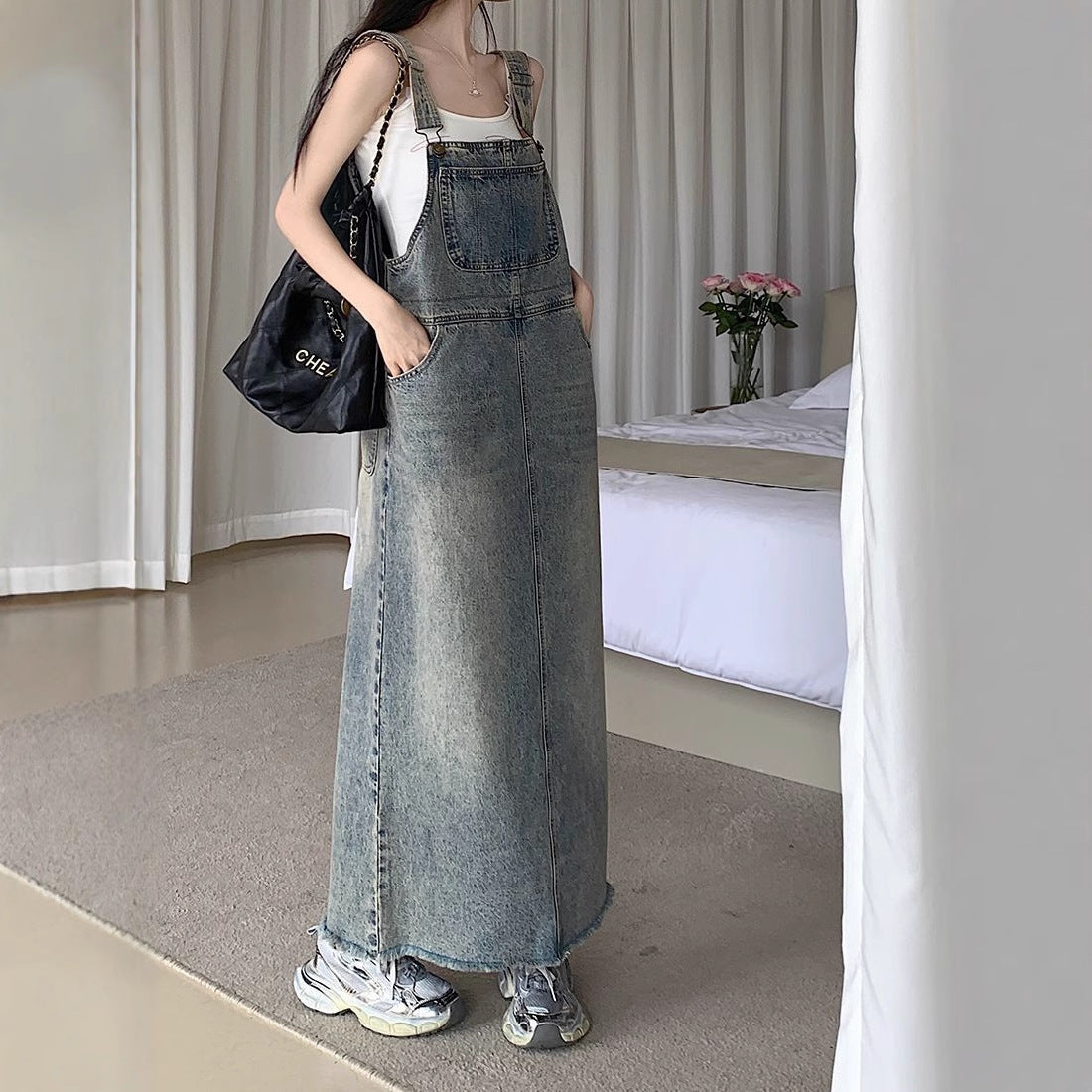 Retro Denim Slip Dress Casual Sleeveless Long Strap Dress