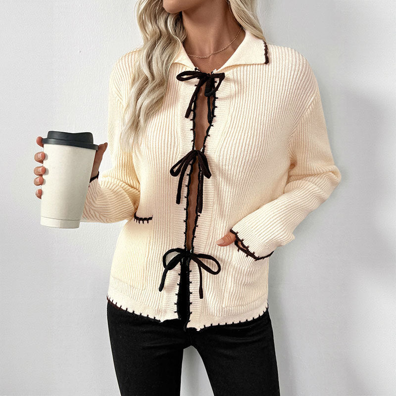 Sweet Bow Lace-up Turn-down Collar Trim Contrast Color Sweater Women's Cardigan