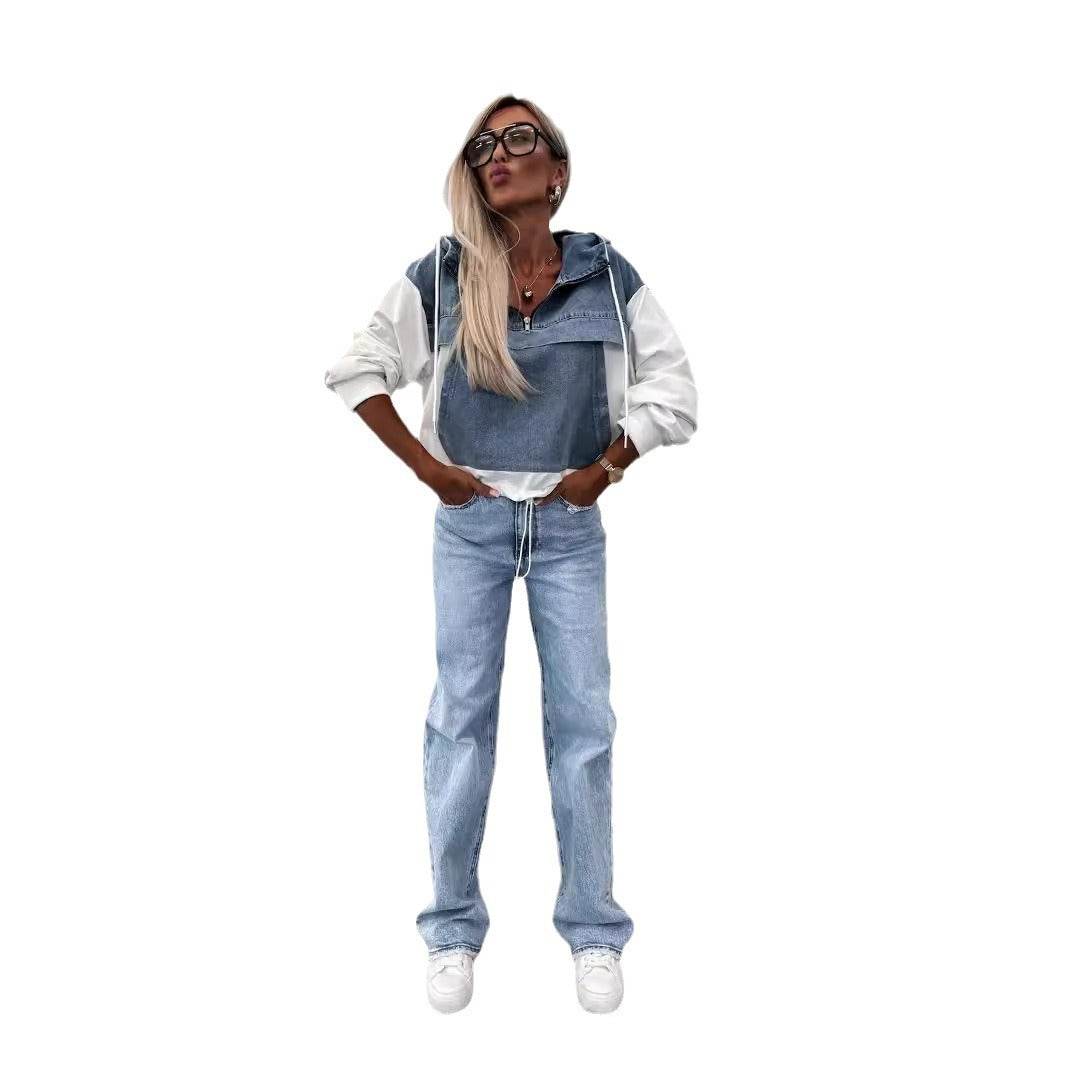 Casual Denim Patchwork Hooded Women's Sweatshirt