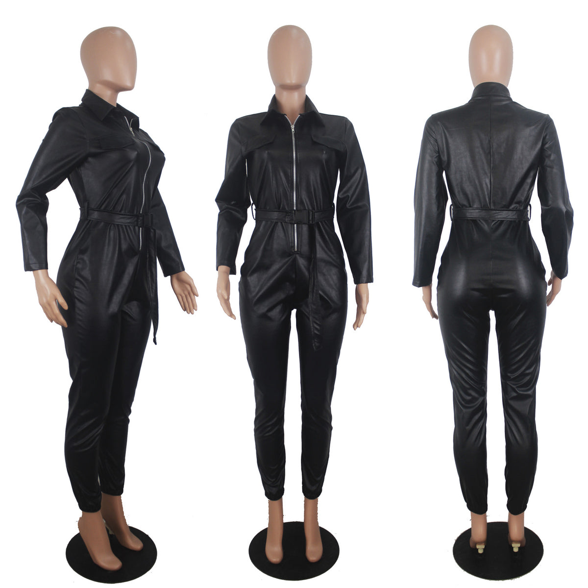 Women's High Elastic Faux Leather Casual Jumpsuit