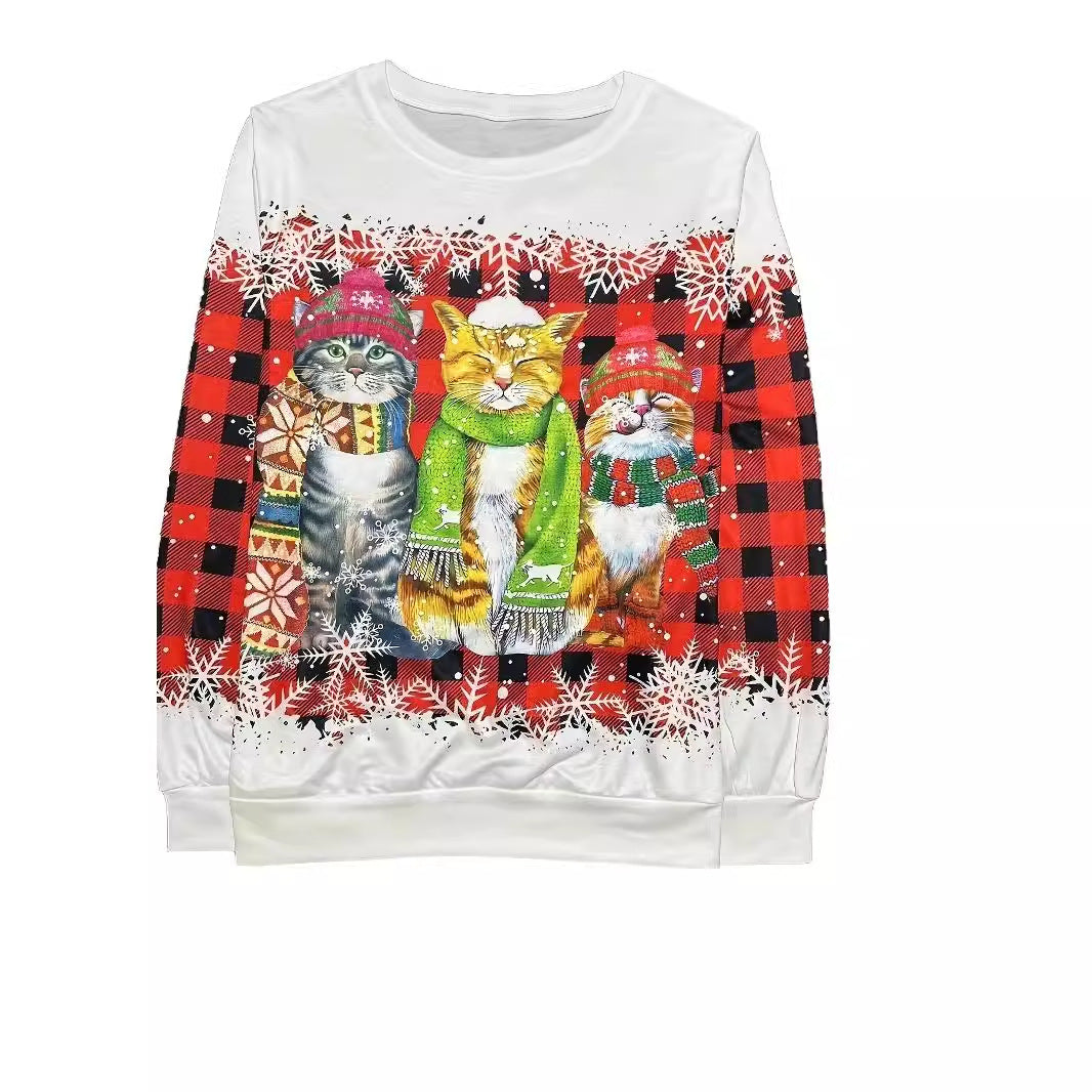 Festive Christmas Cat Print Crew Neck Pullover Sweatshirt