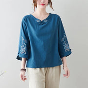 Loose-Fit Embroidered Cotton‑Linen Top – Vintage 3D Print