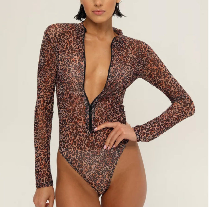 Zip-up Long-sleeve Sun-protective Mesh Printed One-piece Swimsuit Bikini