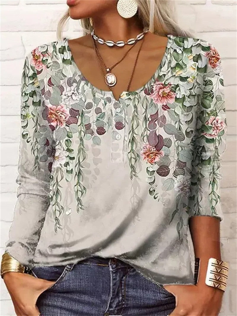Women's Floral Geometric Long-Sleeve Button U-Neck Top