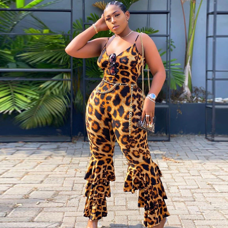 Sexy Leopard Print Jumpsuit with Back V-Neck and Suspenders