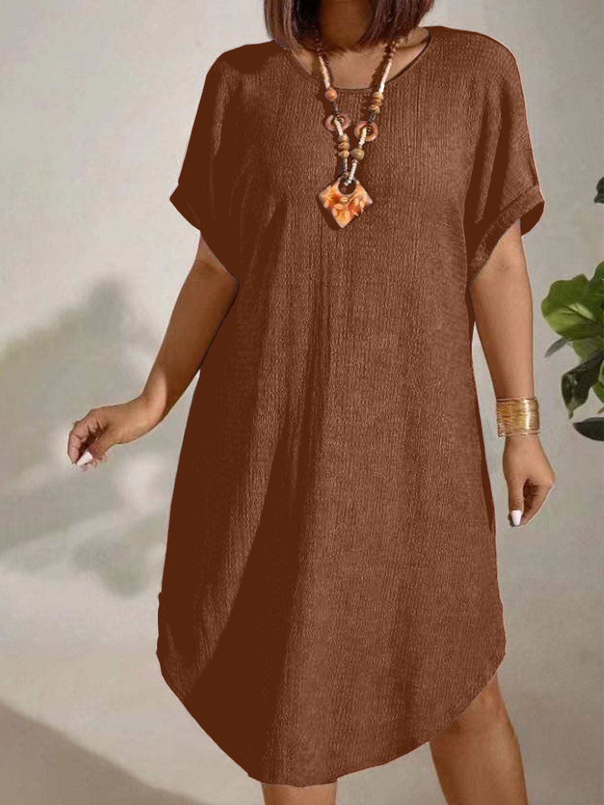Womens Solid-color Loose-fitting Casual Round-neck Dress
