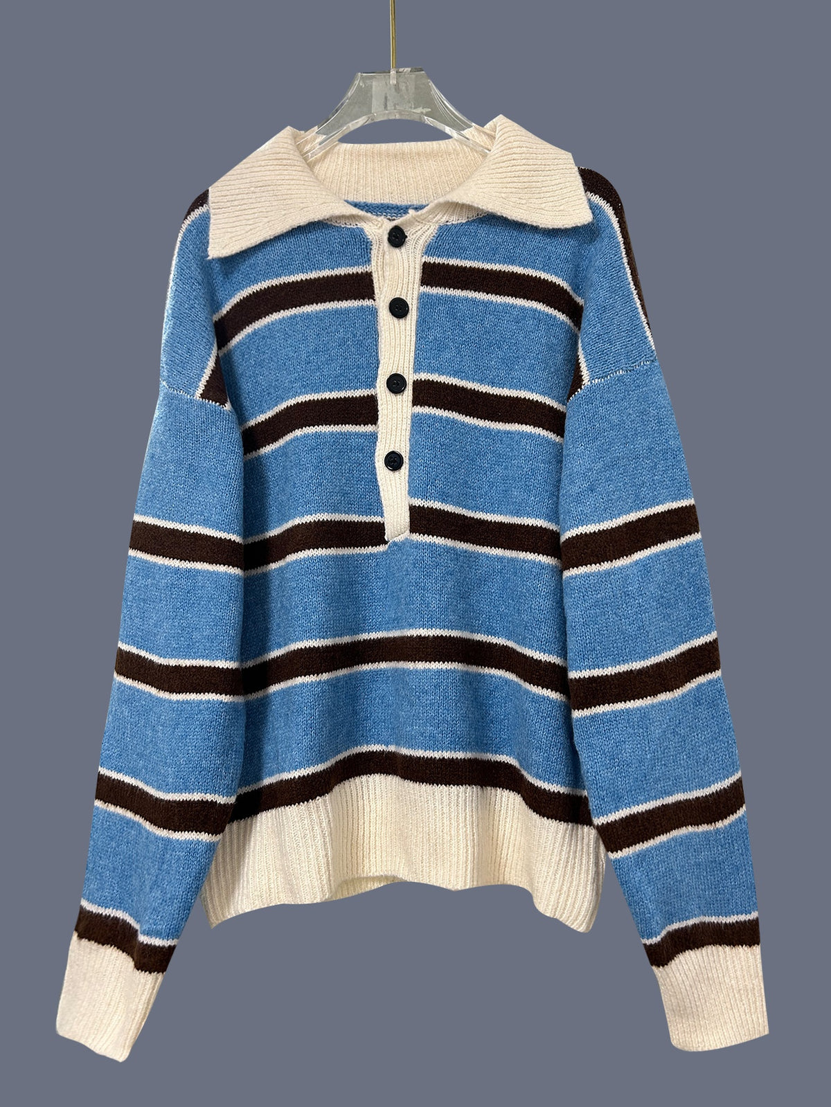 Retro Striped Half-button Polo-neck Sweater for Women