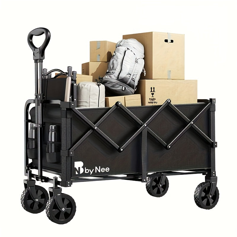 Collapsible Folding Wagon Cart, Large Capacity Camping Wagon, All Terrain Foldable Wagon, Heavy Duty Utility Wagon Cart For Grocery Outdoor Beach Gardening Shopping Fishing Black