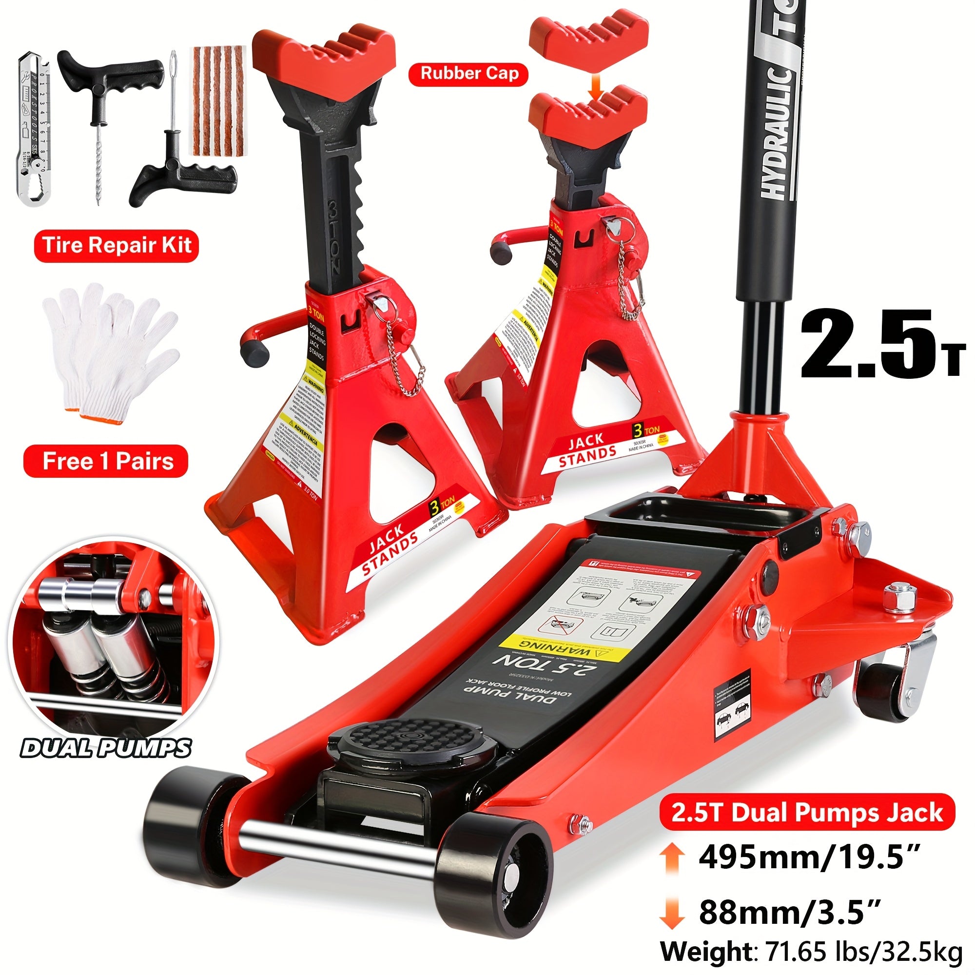2/2.5/3 Ton Capacity Floor Car Jack Low Profile Garage Hydraulic Trolley Service Lift Floor Jack Combo with With 2 Ratchet 3 Ton Jack Stands, Tire Repair Kit, 14-inch Wheel Cross Wrench, Wheel...