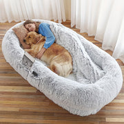 XXL Orthopedic Human-Dog Bed with Plush Pillow & Blanket - 71"x45"x12" Washable Faux Fur Bed for people & Pets, Non-Slip Base, Removable Cover - Grey Sofa Napping Couch for Large