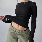 Slim-Fit Women's Long Sleeve Pullover – Solid Color Round Neck