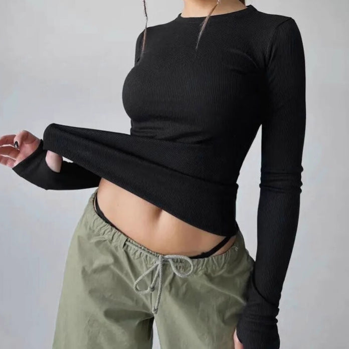 Slim-Fit Women's Long Sleeve Pullover – Solid Color Round Neck