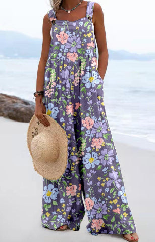Chic Digital Print Button Romper with Wide Legs
