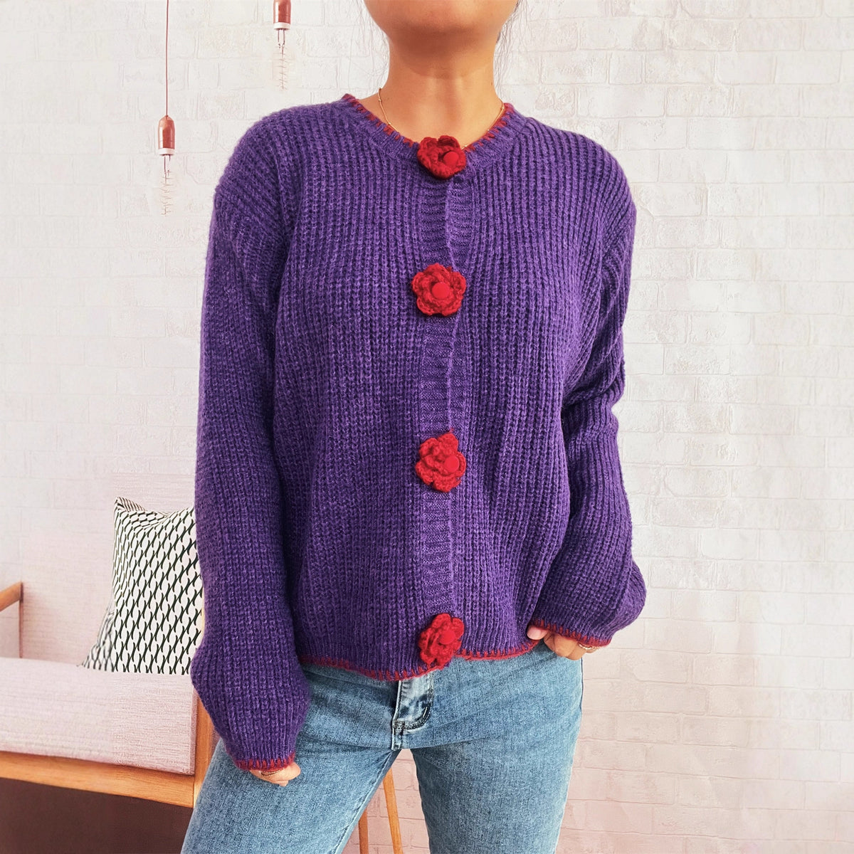 New Cute Flowers Button Simple Street Valentine's Day Sweater