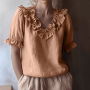 Women's Solid-Color Fashionable Casual Ruffle-Trimmed Crew-Neck Shirt