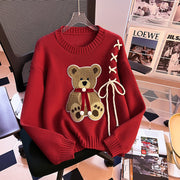 Red Fashionable Cartoon Bear Slim Fit Sweet Bow Sweater for Women