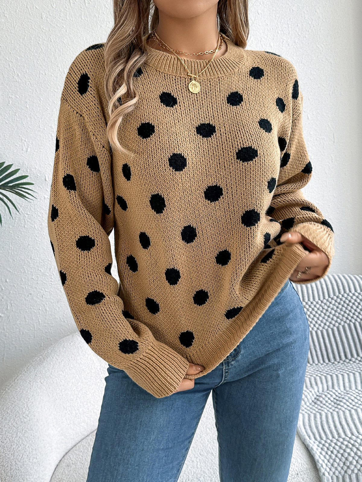Autumn and Winter Leisure Contrast Color Polka Dot Long Sleeve Pullover