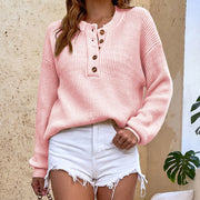 Women's Solid Button Round Neck Pullover Sweater Top