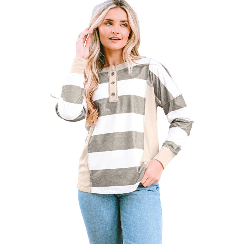 Colored Pullover Loose Casual Striped Printed Long Sleeves Women