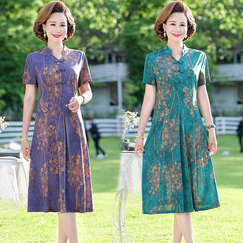 Dress for Middle-aged and Elderly Women Short-sleeved Western Elegant Design