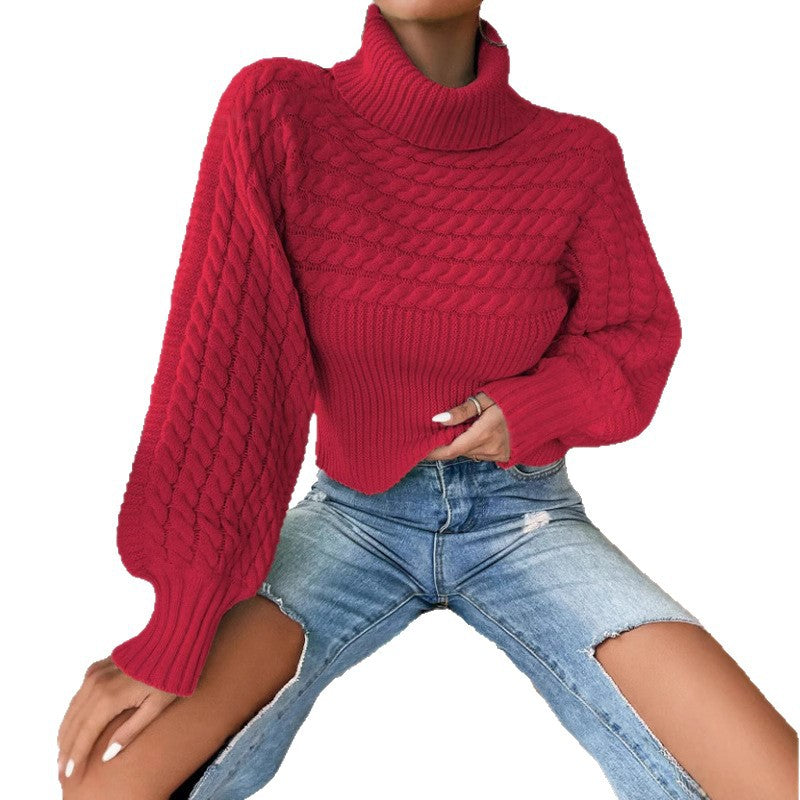 Womens Solid-color Knitted Sweater with Cable Knit and Ribbed Texture