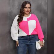 Pullover Knitted Sweater Heart Patchwork Contrasting Color Sweater Women