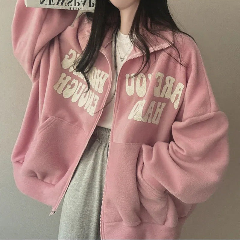 Women's Plus Velvet Alphabet Zip-Up Loose Cardigan Sweater