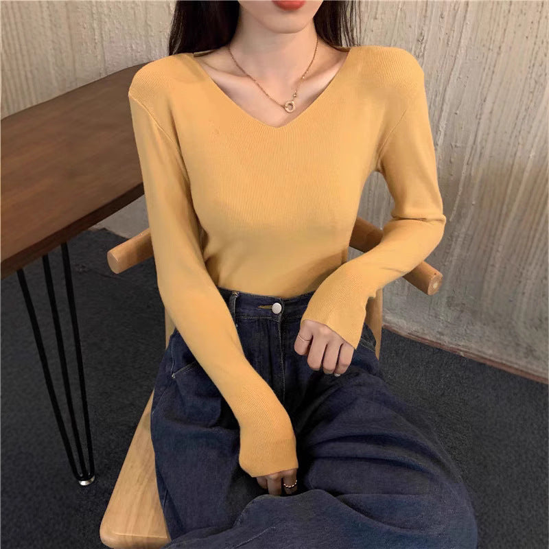 Core-spun Yarn Slim V-neck Long Sleeve Inner Wear Sweater