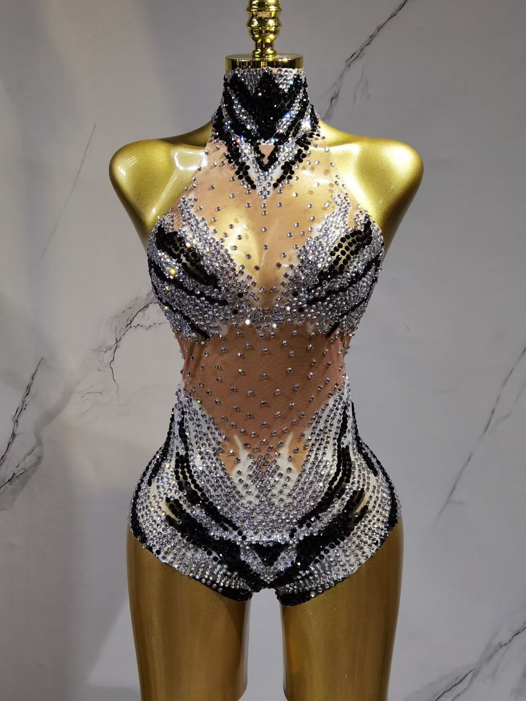 Golden Sheer Mesh Future Warrior Party One-Piece Thong Romper
