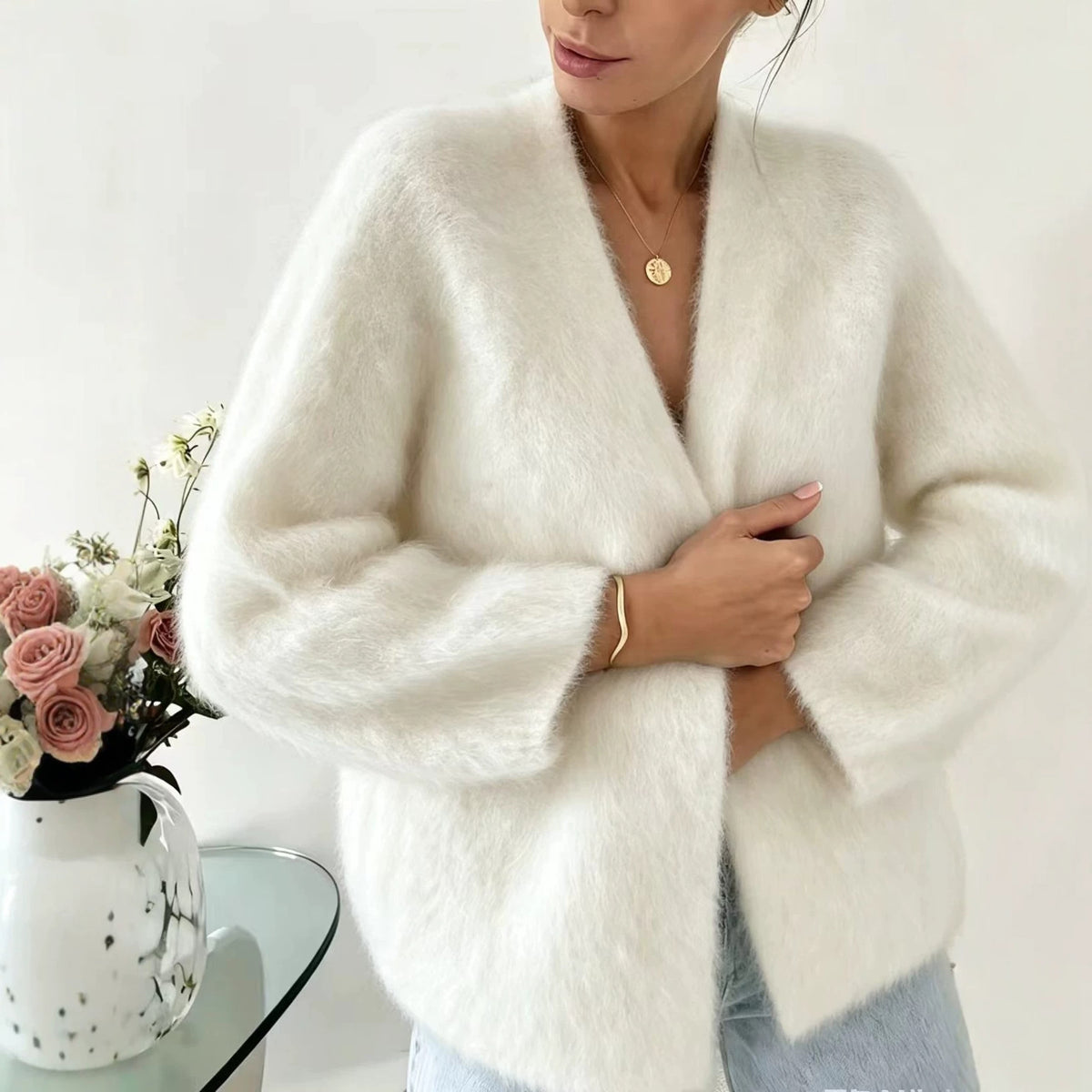 V-neck Sweater Coat Womens Knitted Cardigan Solid Color