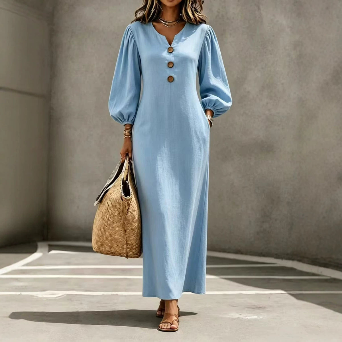 V-Neck Button Puff Sleeve Casual Long Dress