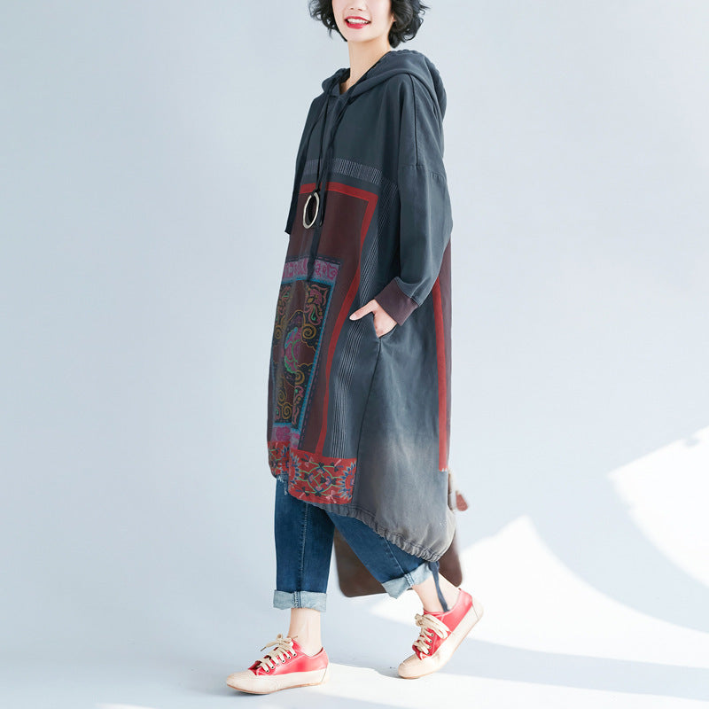 Gradient Print Loose Hooded Sweatshirt Dress