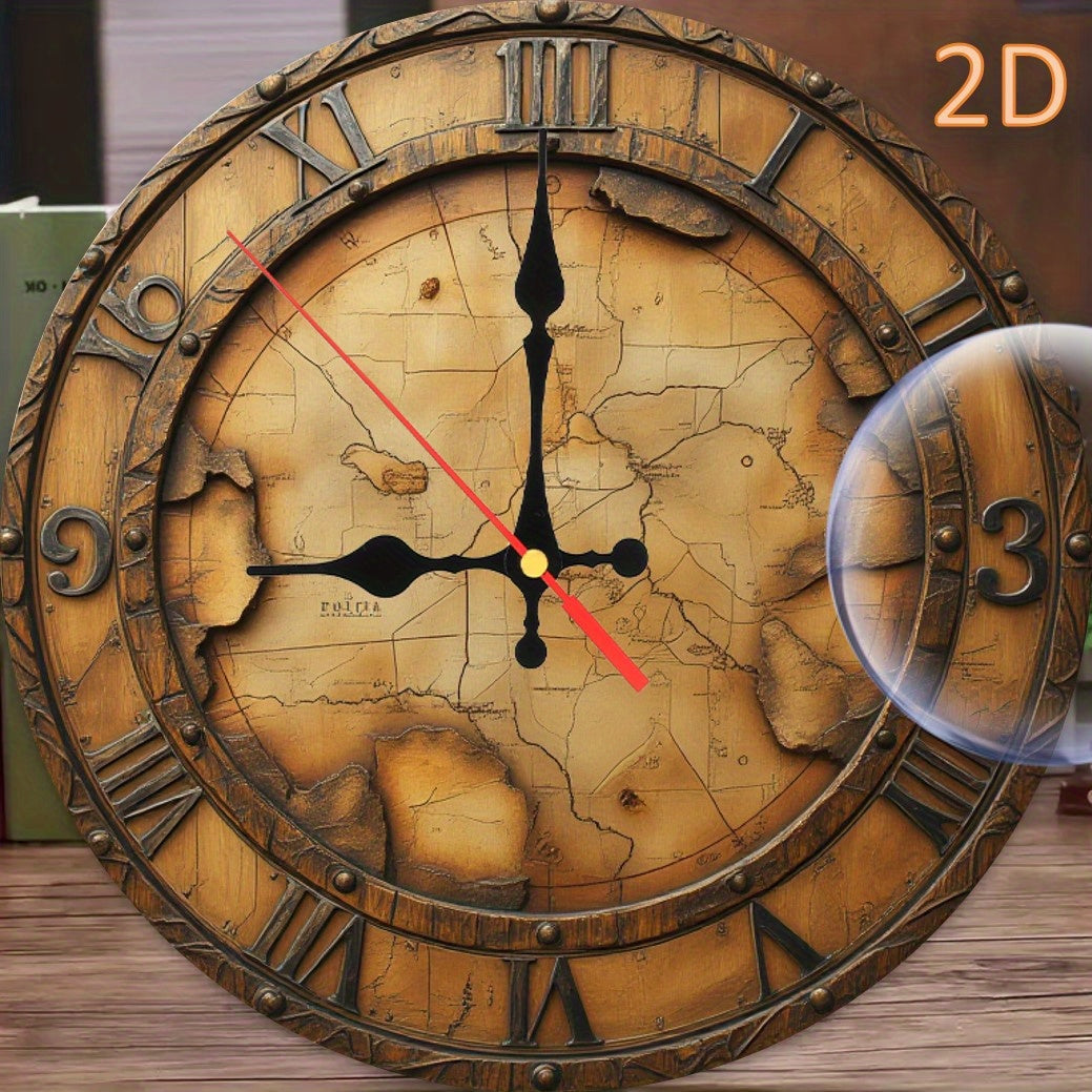 14 Inch Antique Distressed Brown Artificial Wood Map Wall Clock with Roman Numerals - Silent Quartz Movement, Vintage Home Decor for Rustic Interiors, Battery Operated (AA Not Included), Classic Roman Numeral | Textured Finish, Wall Clock Living Room