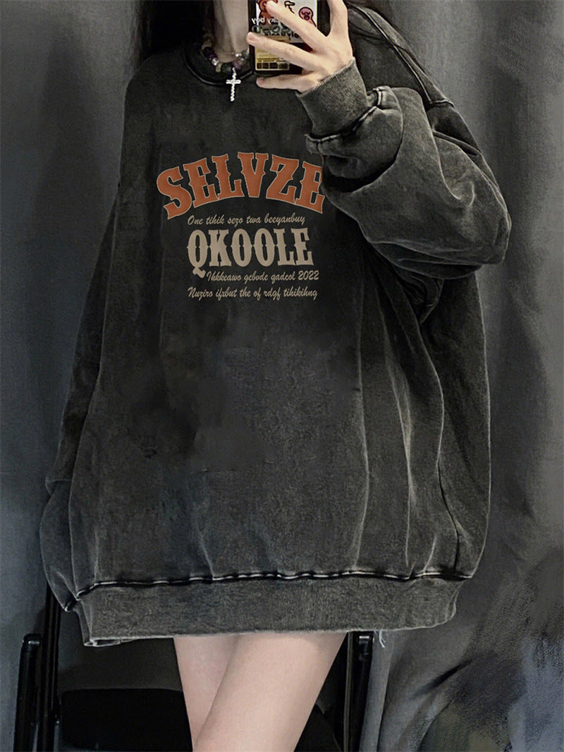Retro Distressed Washed Cotton Women's Pullover Sweater