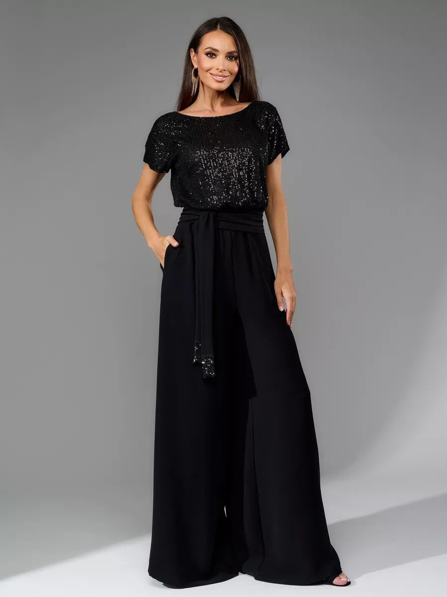 Glitter Sequin Short Sleeve Casual Jumpsuit