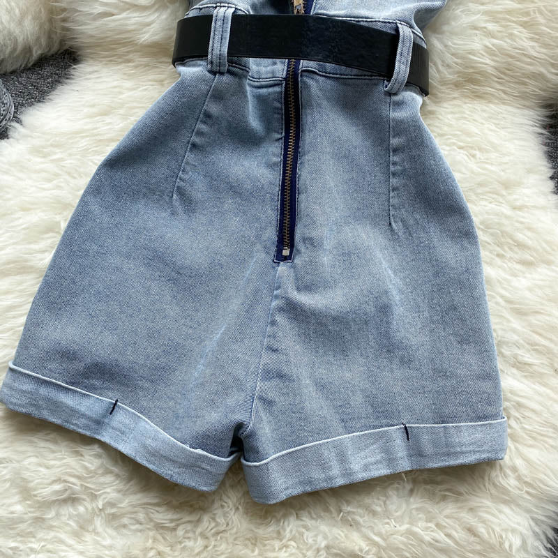 Women's High-Waist Denim Romper Casual Wide-Leg Jumpsuit
