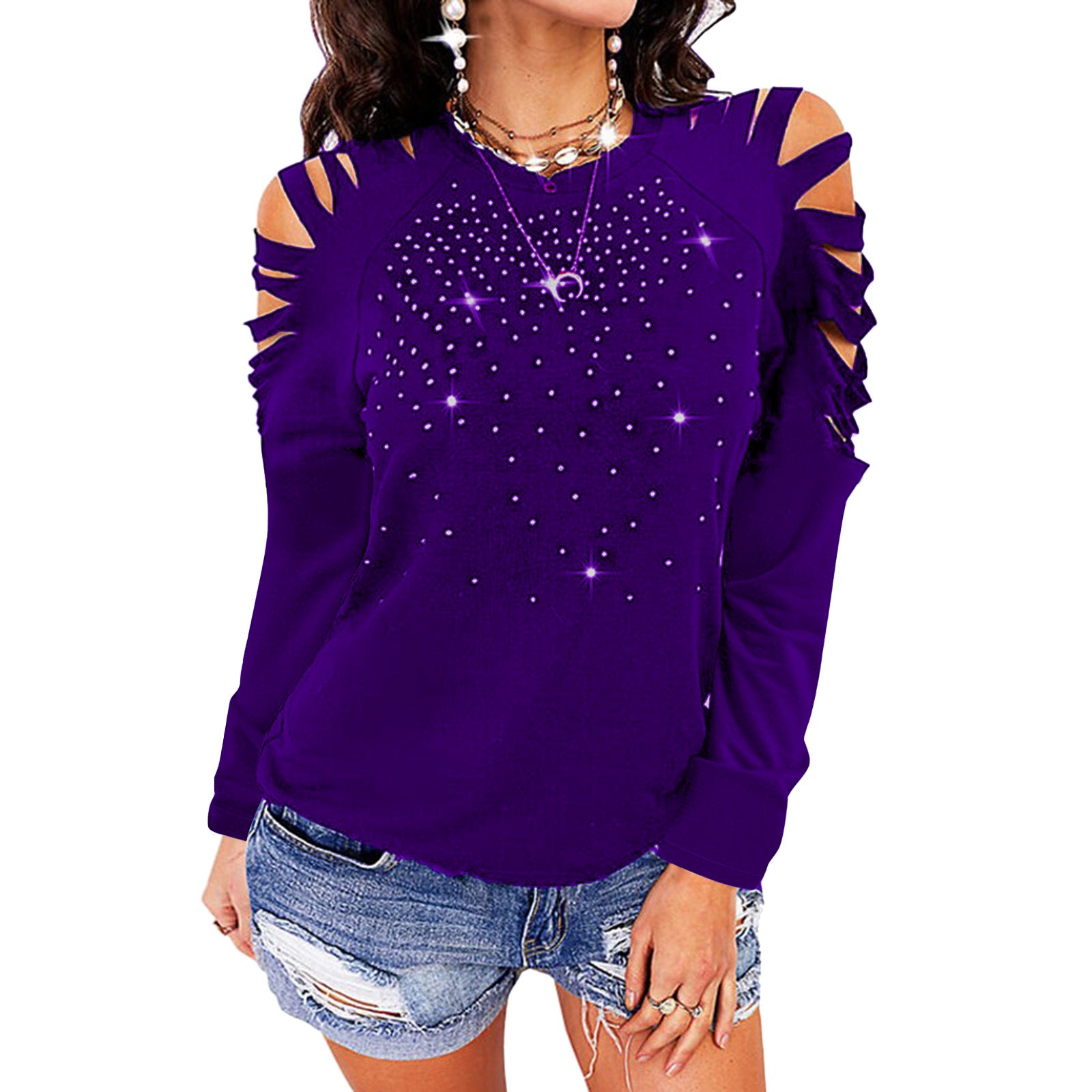 New Round Neck Hot Drill Hollow Long-sleeved T-shirt
