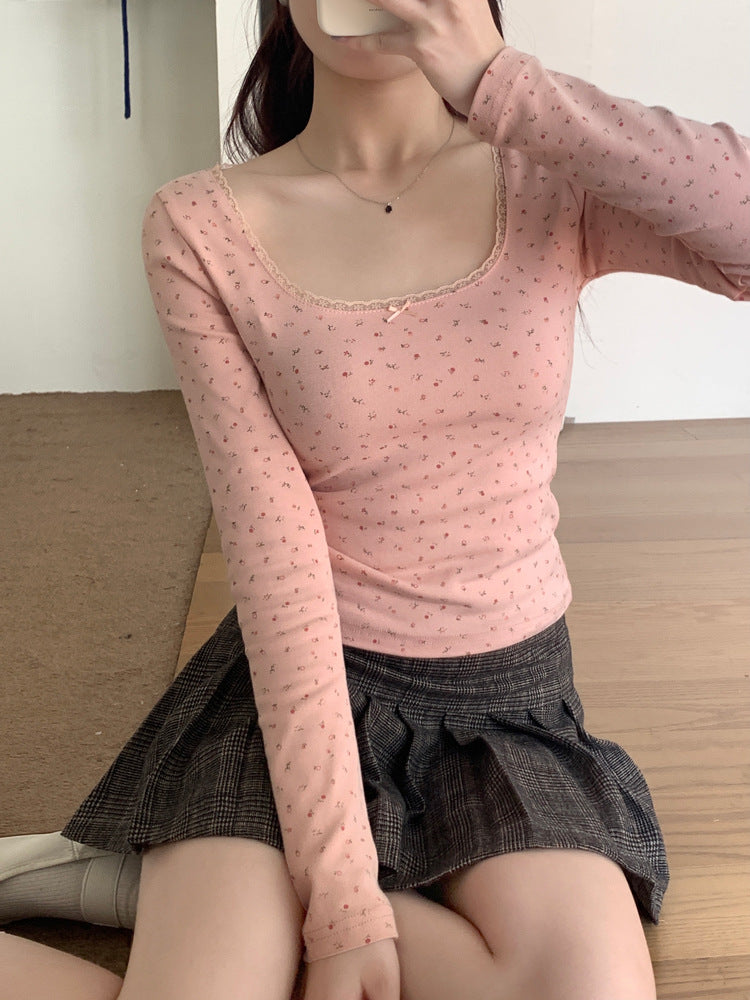 Floral Lace Long Sleeve Slim Crop Top